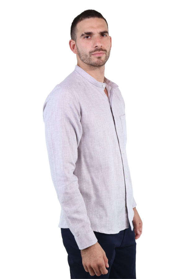Camisa Gris Textura Lino Manga Larga Slim Fit Cuello Mao Para Caballero
